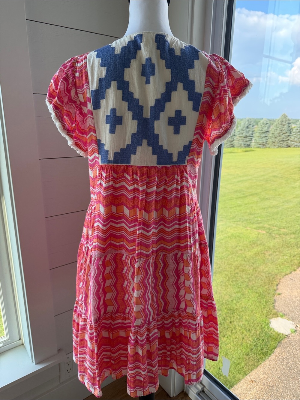THML Pink Coral Chevron Boho Dress with Blue Embroidered Yoke - Picture 3 of 3